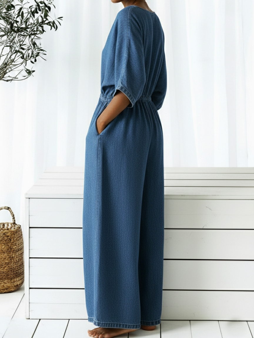 Casual V-neck Loose-fitting Drawstring Waist Denim Jumpsuit-S.fashion