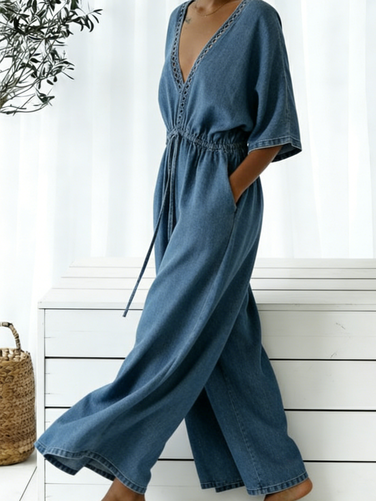 Casual V-neck Loose-fitting Drawstring Waist Denim Jumpsuit-S.fashion