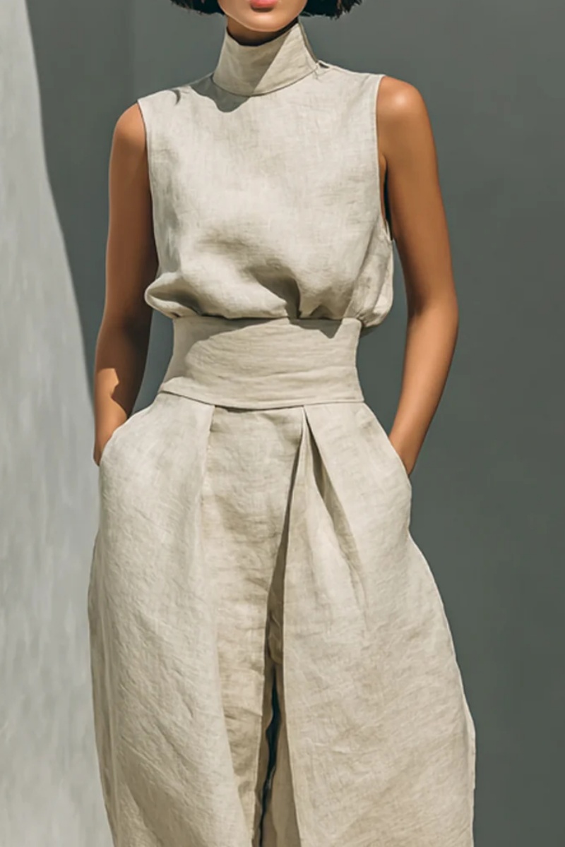 Women's Minimalist Cotton And Linen Blend Sleeveless Blouse And Wide-leg Pants Set