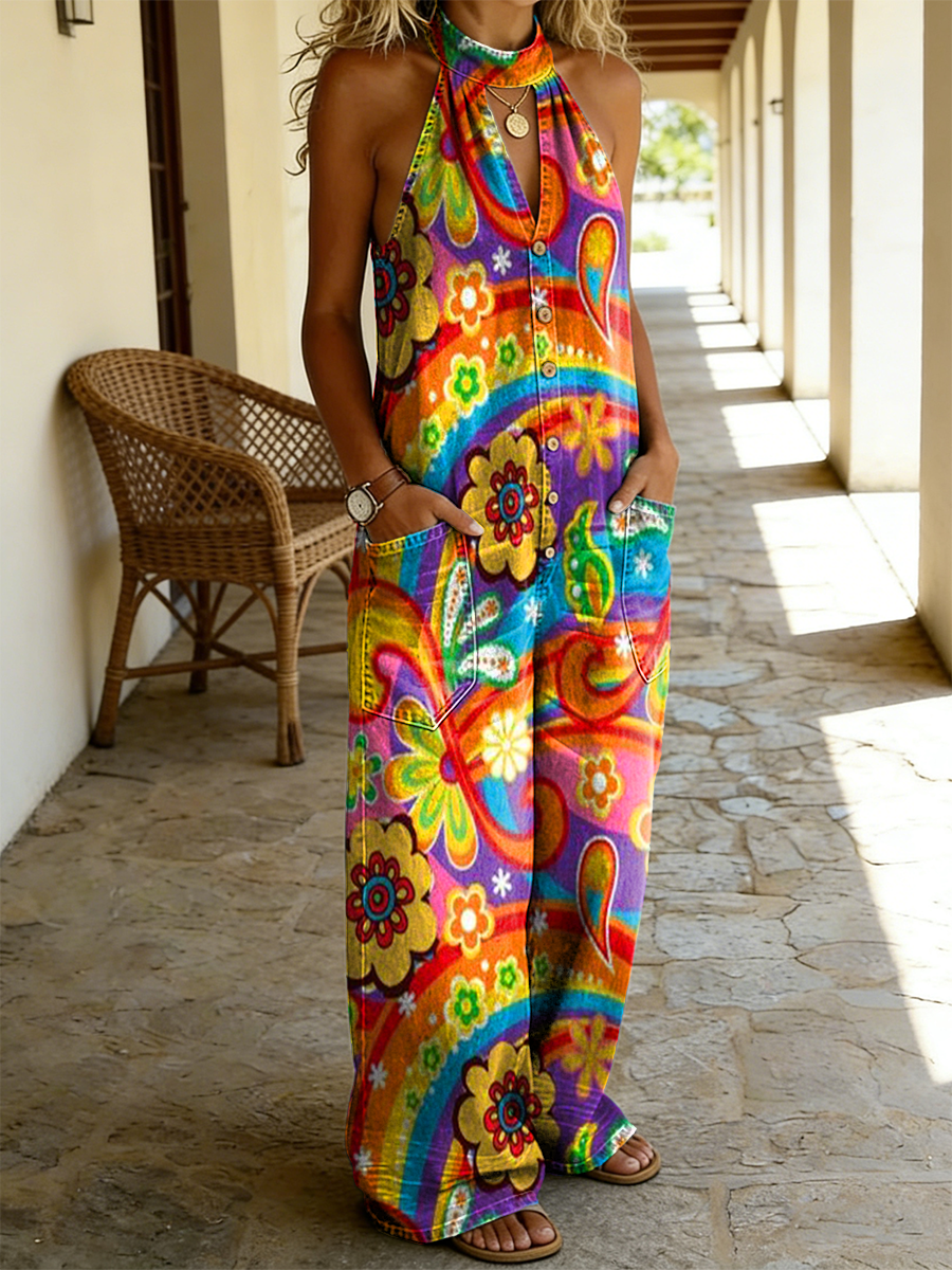 Women's Colorful Hippie Art Print Casual Sleeveless Pocket Jumpsuit-S.fashion