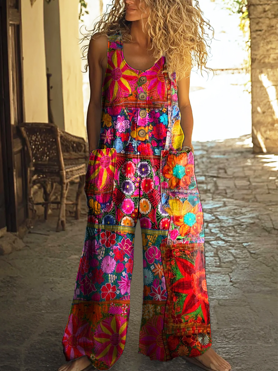 Women's Patchwork Floral Art Print Casual 100% Cotton Wide Leg Jumpsuit-S.fashion