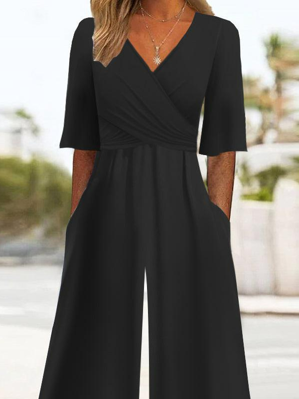 Loose V Neck Casual Pocket Stitching Jumpsuit-S.fashion