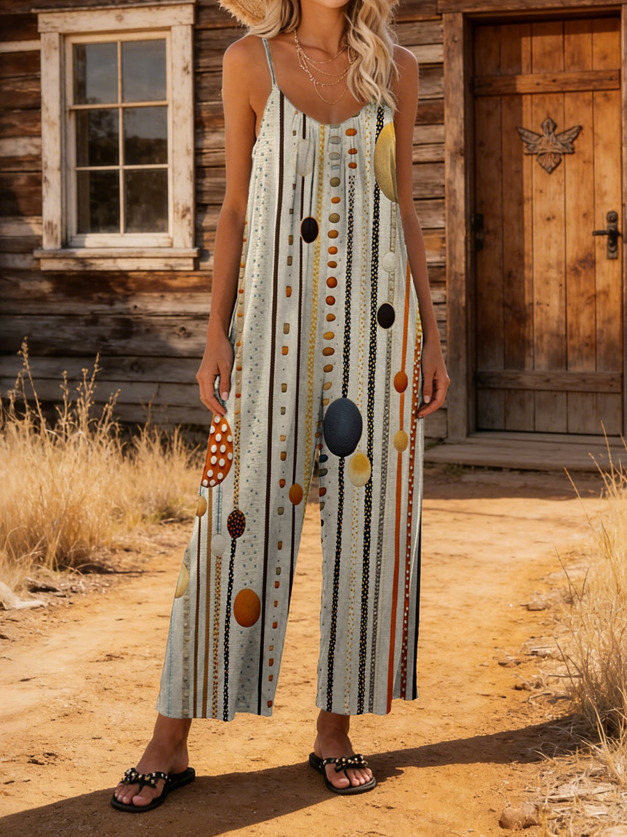Women's Retro Striped Art Print Casual Suspender Jumpsuit-S.fashion