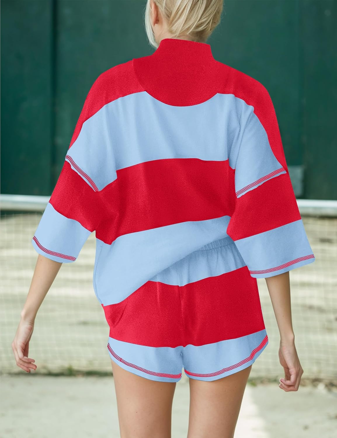 Women's Quarter Zip Color Block Top & Shorts Matching Set-S.fashion