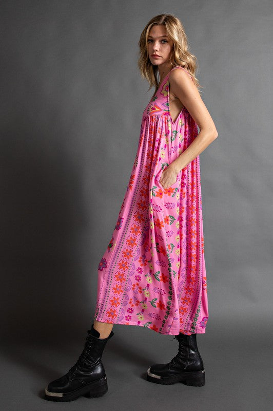 Vintage floral print loose sleeveless jumpsuit-S.fashion