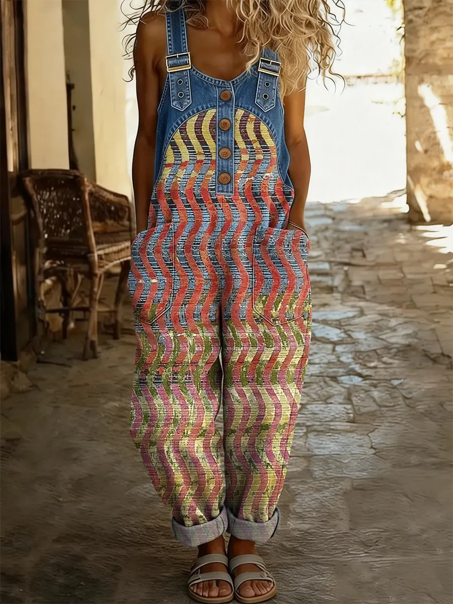 Ethnicity Geometry Arc Pattern Women's Casual Washed Cotton Denim Patchwork Jumpsuit-S.fashion