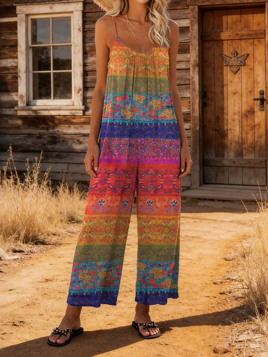 Women's Retro Colorful Floral Striped Art Print Casual Suspender Jumpsuit-S.fashion