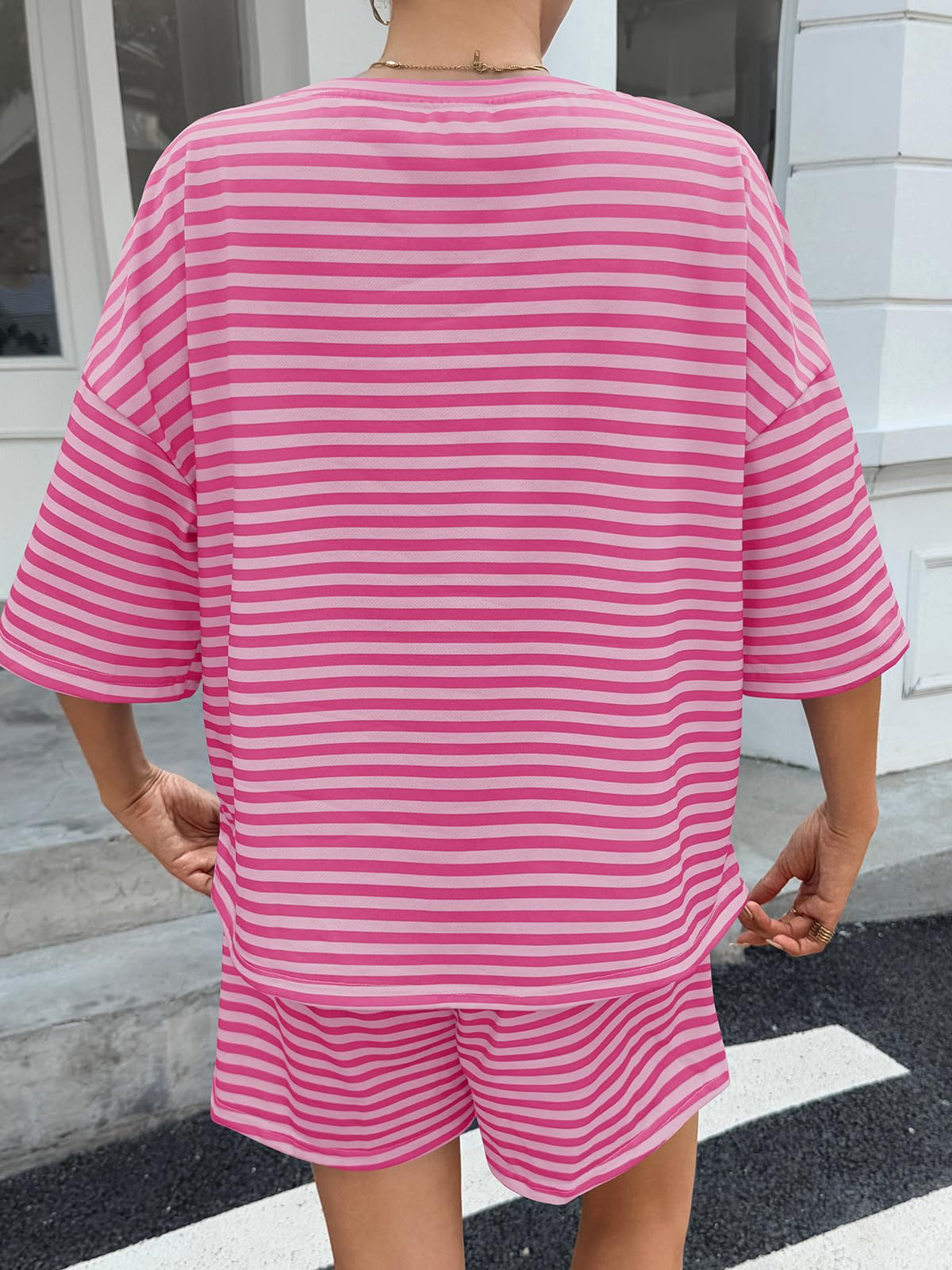 Womens Striped 3/4 Sleeve Oversized Tops High Waisted Shorts Casual Lounge Sets-S.fashion