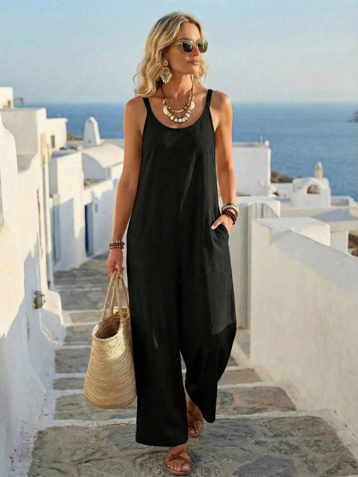 Plain U-Neck Sleeveless Summer Going Out Casual Jumpsuit-S.fashion