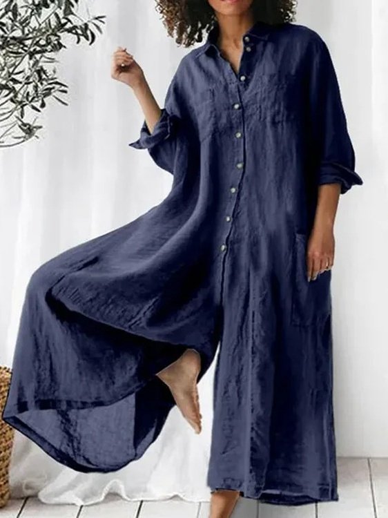Women Plain Shawl Collar Long Sleeve Casual Spring/Fall Cotton-Blend Jumpsuit-S.fashion