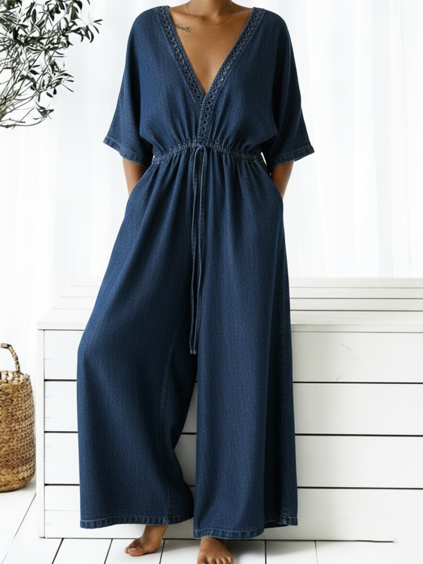 Casual V-neck Loose-fitting Drawstring Waist Denim Jumpsuit-S.fashion