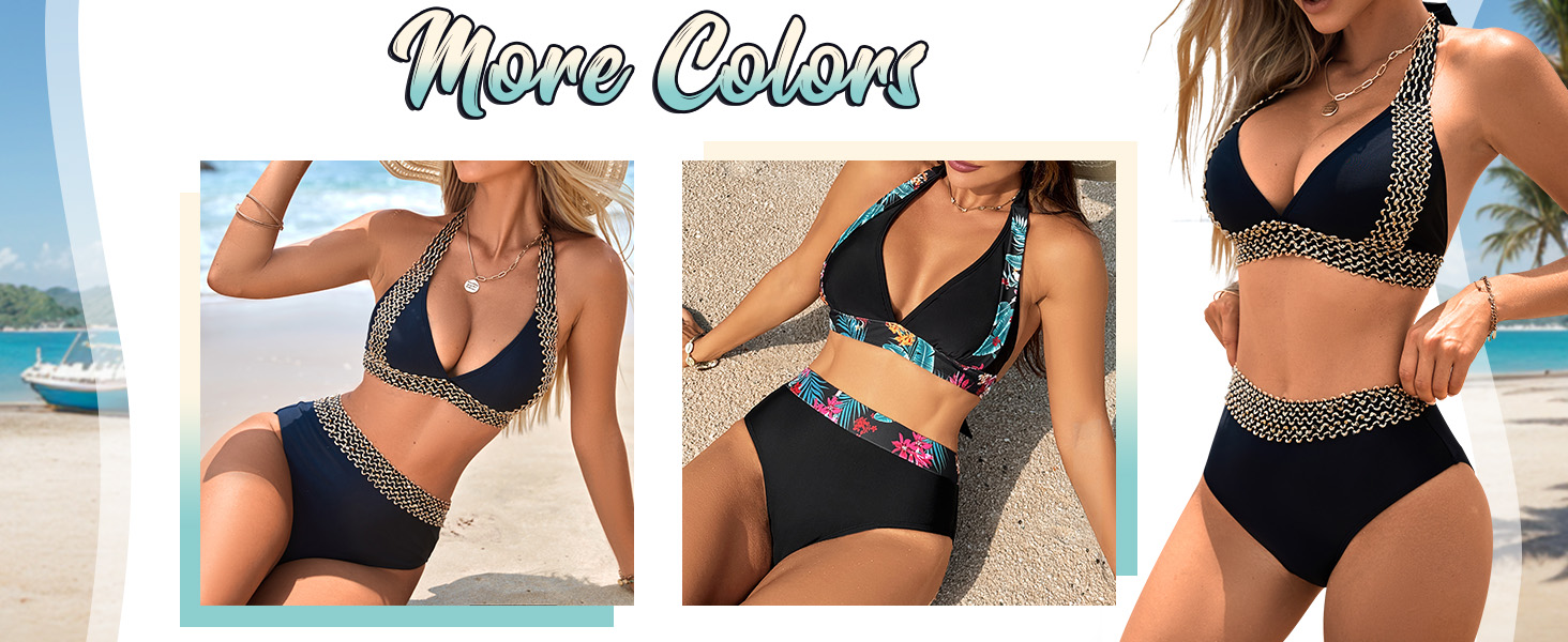 Two Piece Bathing Suit Colorblock Tie Back Halter Bikini High Waist Swimsuit