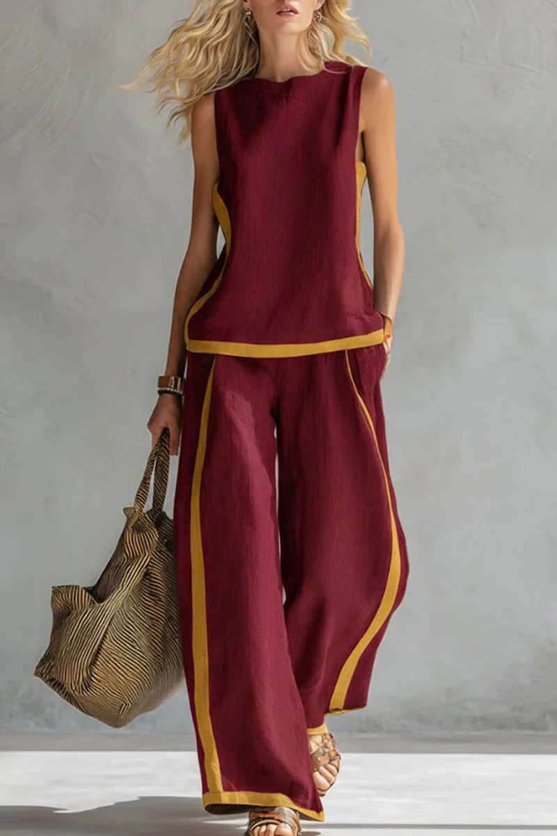Women's Two Tone Trim Vest & Wide Leg Pants 2Pcs Set