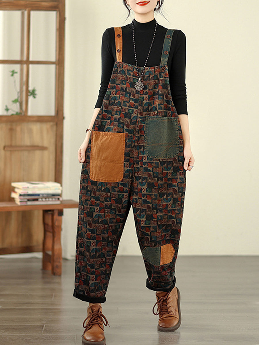 Women Vintage Patchwork Cotton Loose Denim Jumpsuits-S.fashion