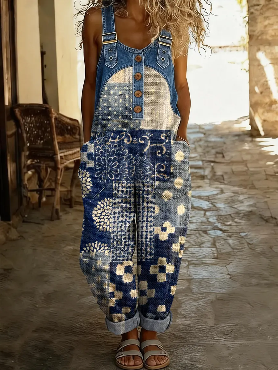 Ethnicity Floral Geometry Patchwork Women's Casual Washed Cotton Denim Patchwork Jumpsuit-S.fashion