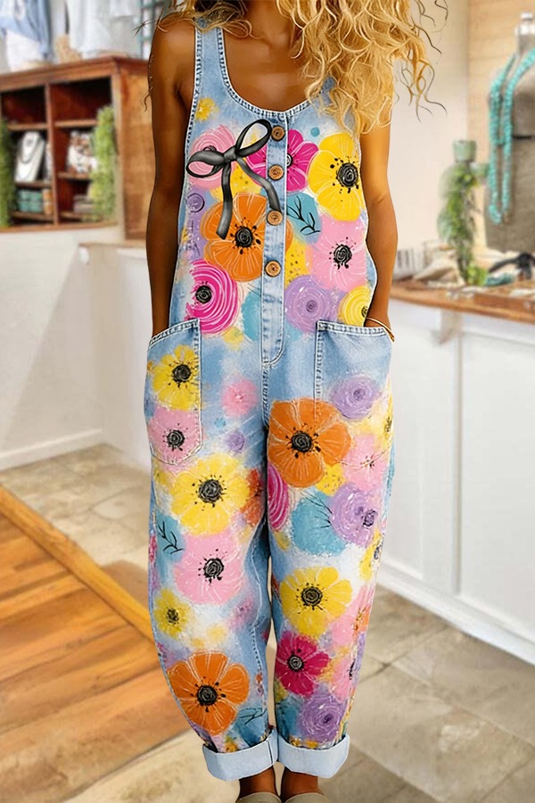 Multicolor Petal and Bow Print Denim Jumpsuit-S.fashion