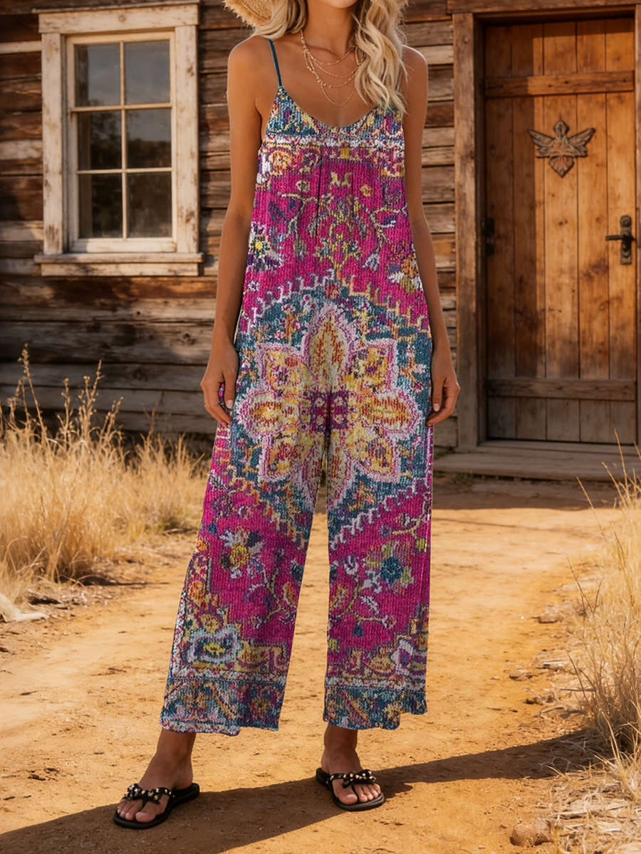 Women's Retro Ethnic Art Print Casual Cotton Jumpsuit-S.fashion