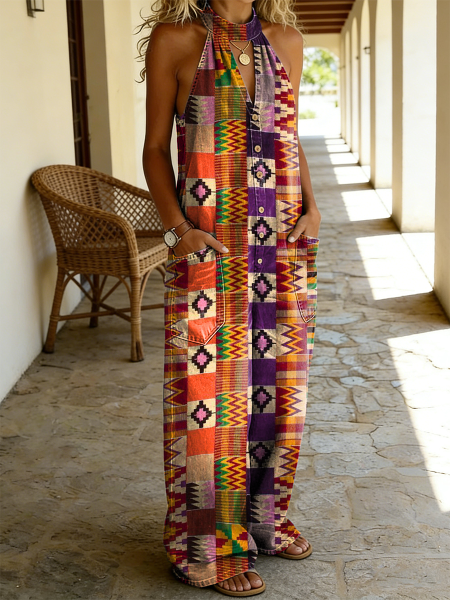 Women's Retro Colorful Ethnic Plaid Art Print Casual Sleeveless Jumpsuit-S.fashion