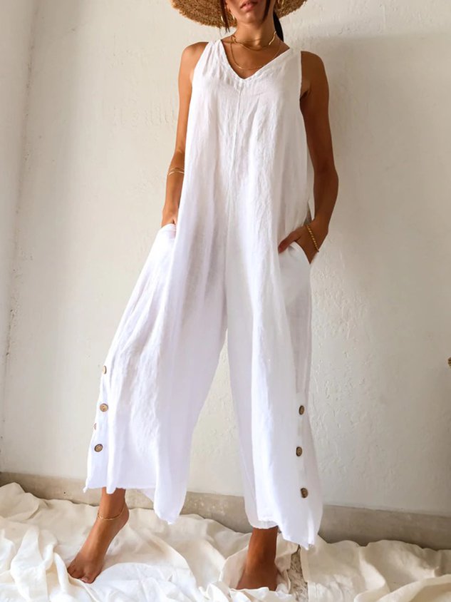 Casual V Neck Pockets Buttoned Cotton Solid Sleeveless Loosen Jumpsuit & Romper-S.fashion