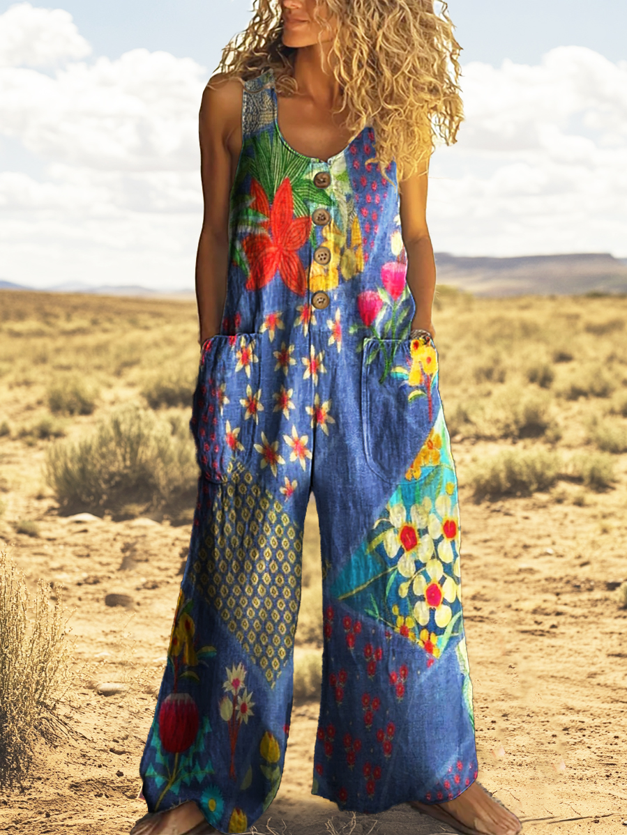 Women's Ethnic Collage Floral Art Pattern Print 100% Cotton Wide Leg Jumpsuit-S.fashion