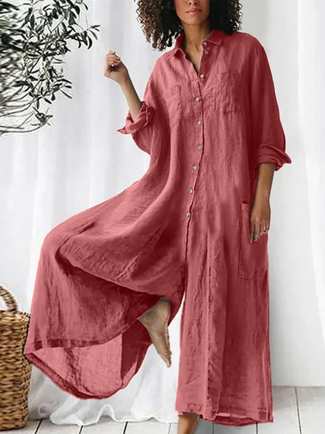 Women Plain Shawl Collar Long Sleeve Casual Spring/Fall Cotton-Blend Jumpsuit-S.fashion
