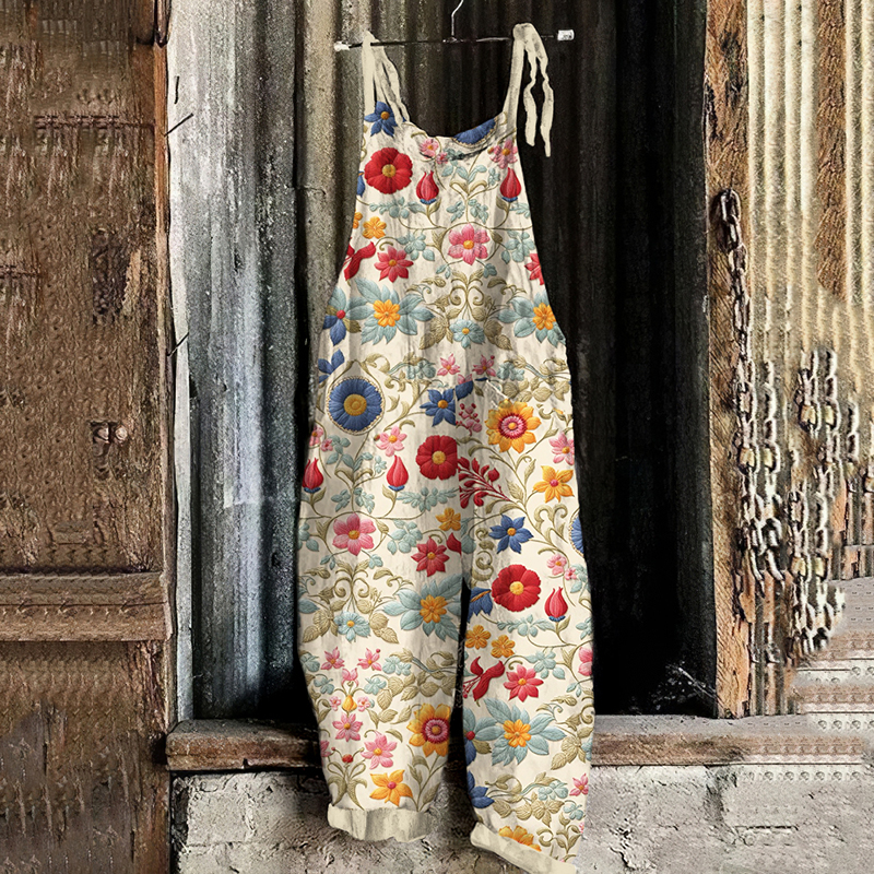 Women's Bohemian Style Floral Linen Print Cotton Linen Jumpsuit-S.fashion