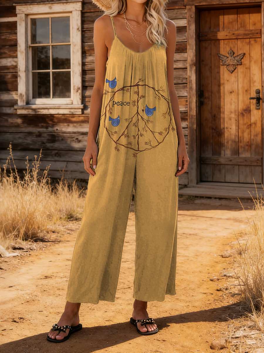 Women's Retro Peace Art Print Casual Suspender Cotton Jumpsuit-S.fashion