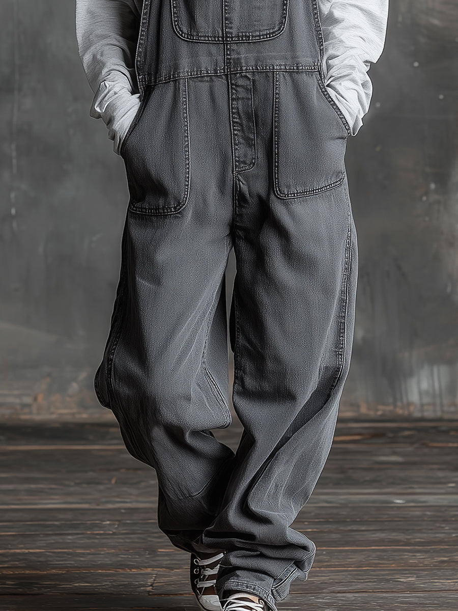 Casual Western Grey Denim Loose Multi-Pocket Jumpsuit Overalls-S.fashion