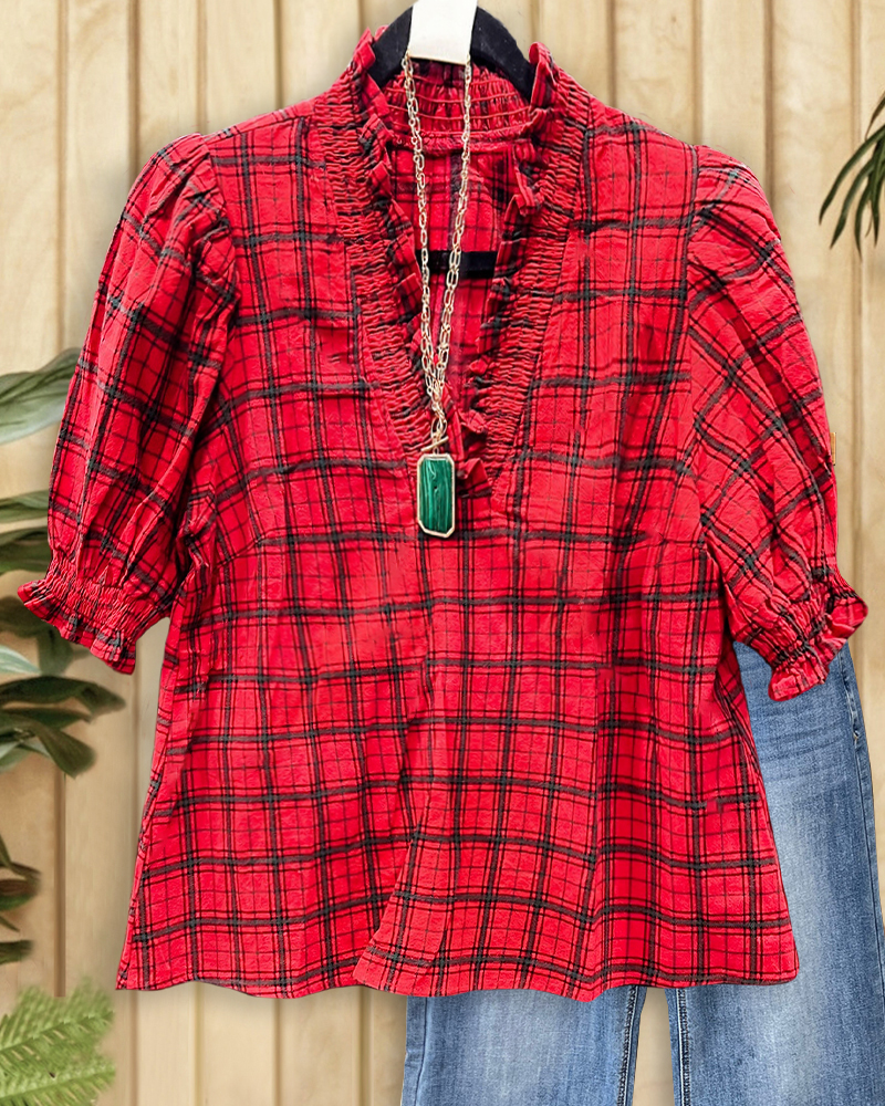Plaid V Neck Puff Sleeve Commuting T-Shirt-S.fashion