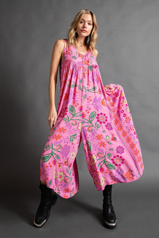 Vintage floral print loose sleeveless jumpsuit-S.fashion