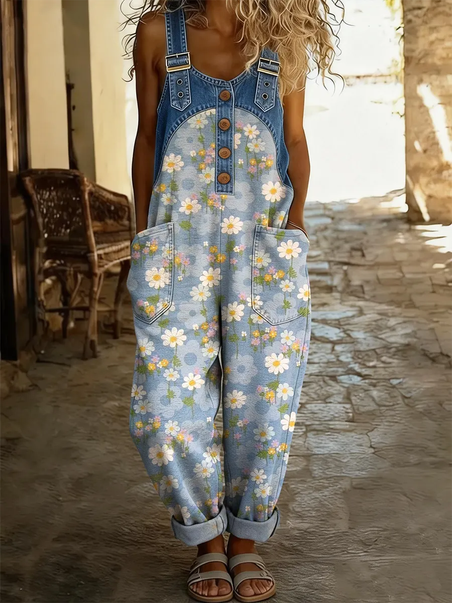 Ethnicity Floral Geometry Light Blue Women's Casual Washed Cotton Denim Patchwork Jumpsuit-S.fashion