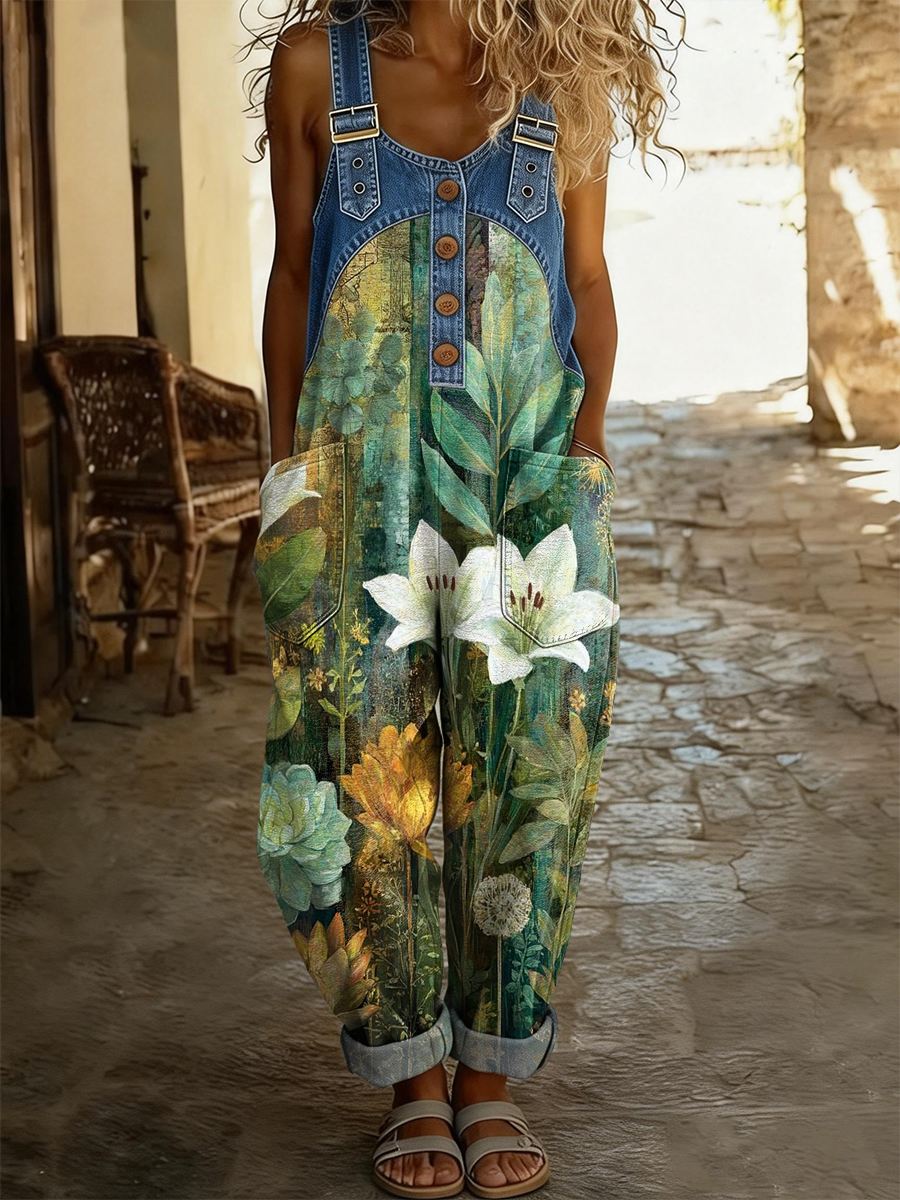 Women's Retro Ethnic Floral Art Print Casual Strappy Denim Jumpsuit-S.fashion