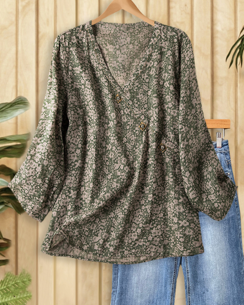 Floral Print Ethnic V Neck Blouse-S.fashion