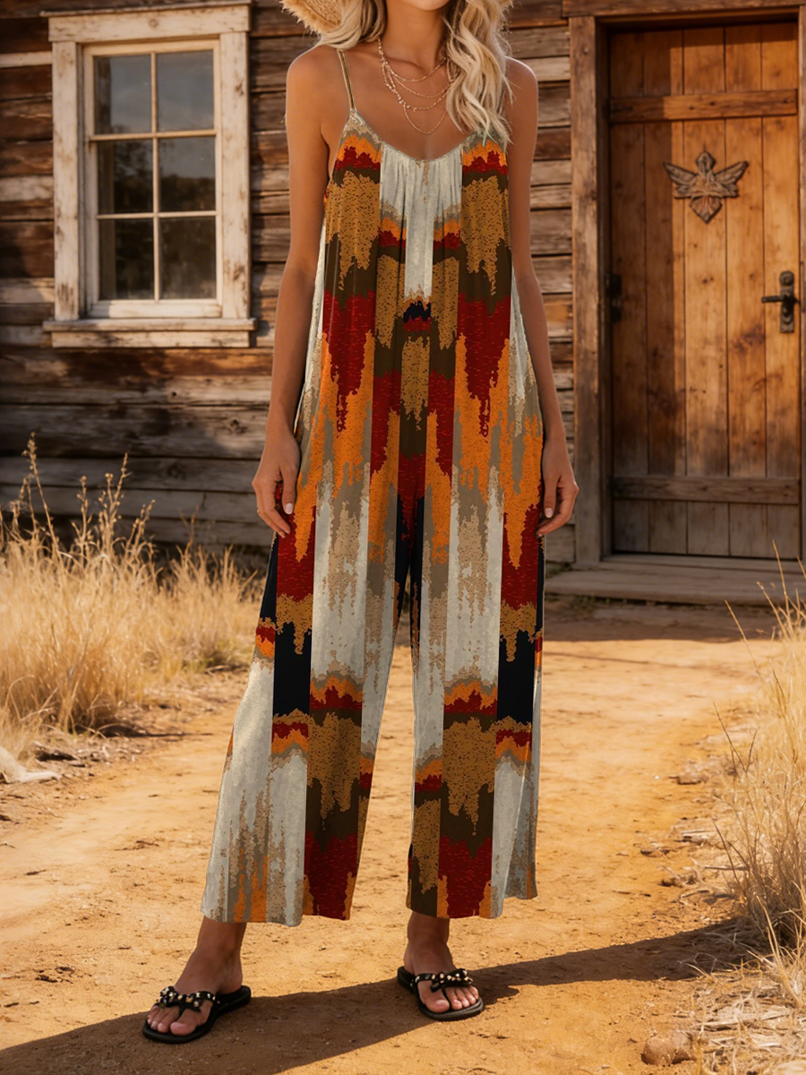 Women's Retro Ethnic Art Print Casual Camisole Jumpsuit-S.fashion