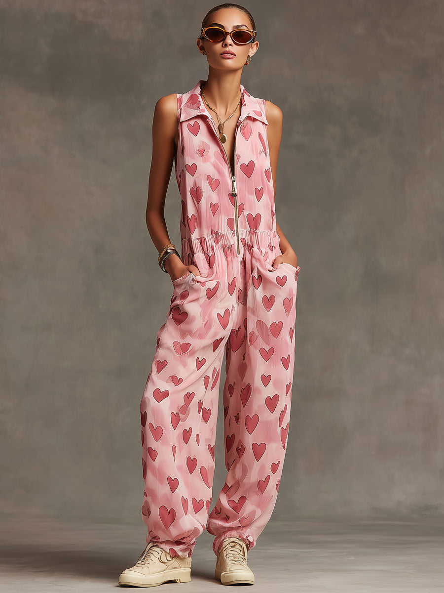 Retro Pink Heart Chiffon Sleeveless Wide-Leg Jumpsuit-S.fashion