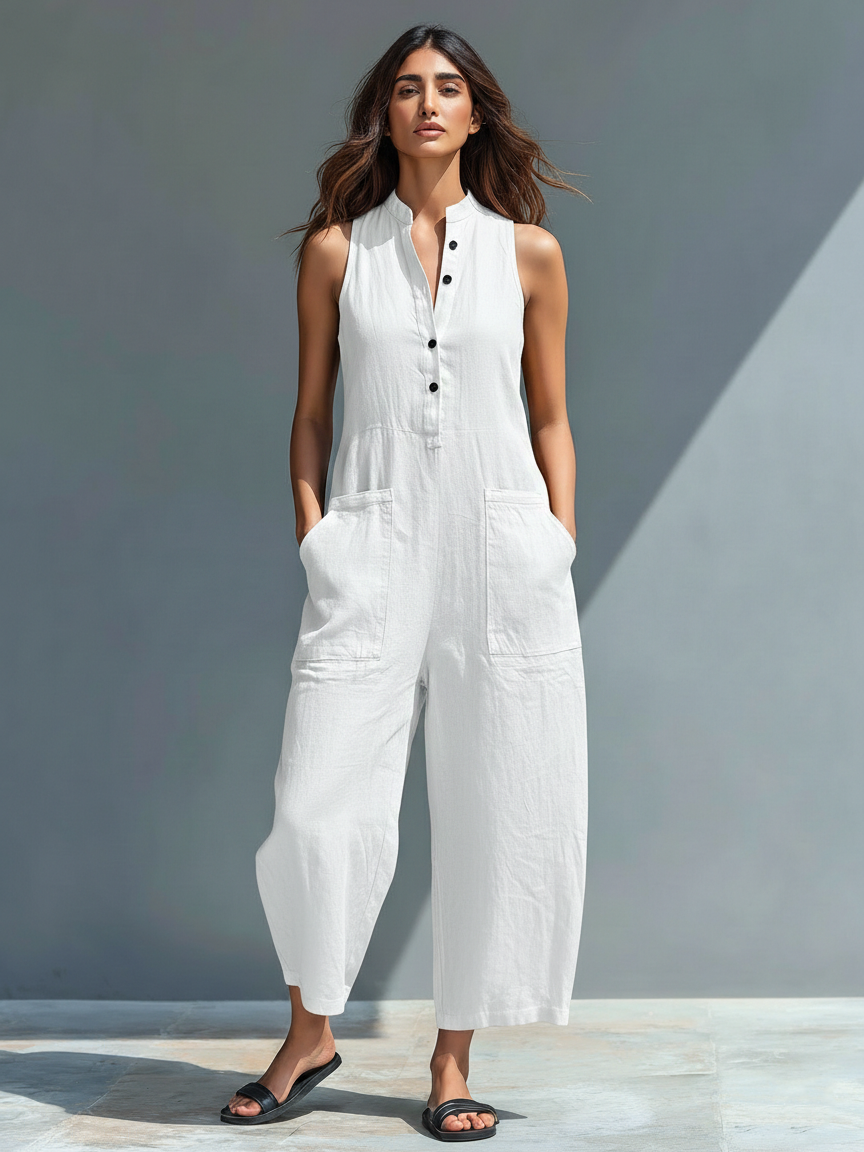Women's Minimalist Linen Blend Button-up Stand-collar Sleeveless Loose Jumpsuit MDZ2725A5Y-S.fashion
