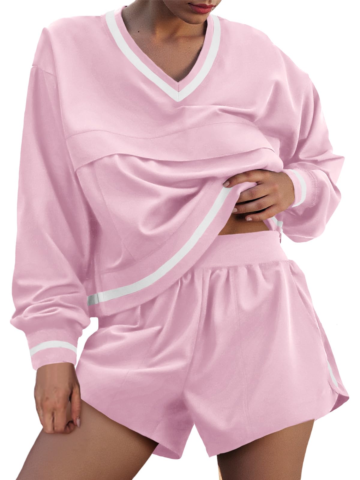 Womens Long Sleeve V Neck Sweatshirt High Waist Running Shorts Sets-S.fashion