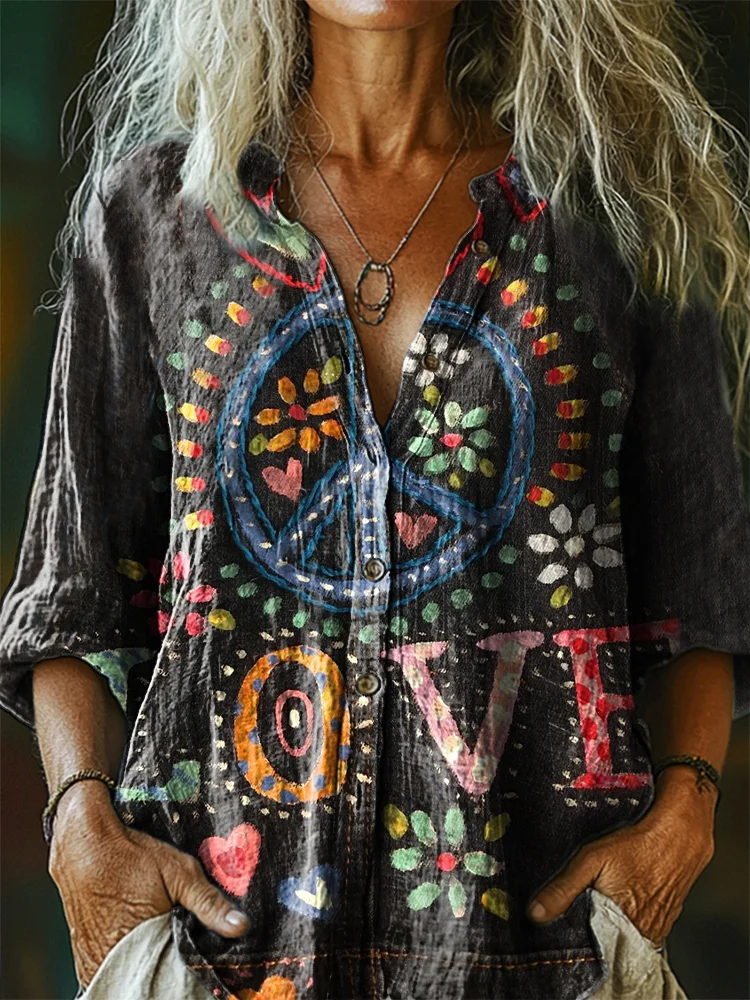 Women's Hippie Peace Love Floral Print Casual 100% Cotton Wide Leg Jumpsuit-S.fashion