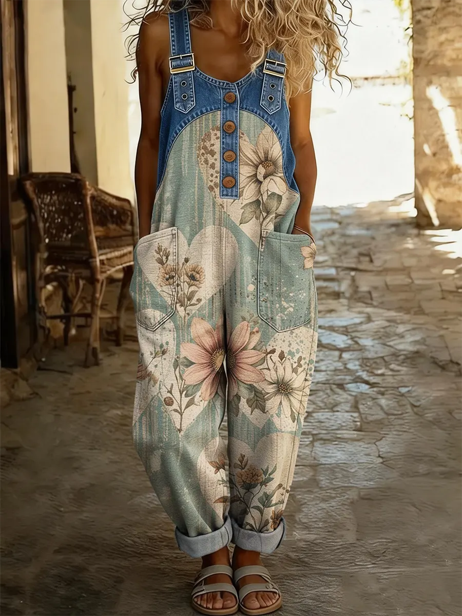 Ethnicity Bohemia Floral Love Women's Casual Washed Cotton Denim Patchwork Jumpsuit-S.fashion