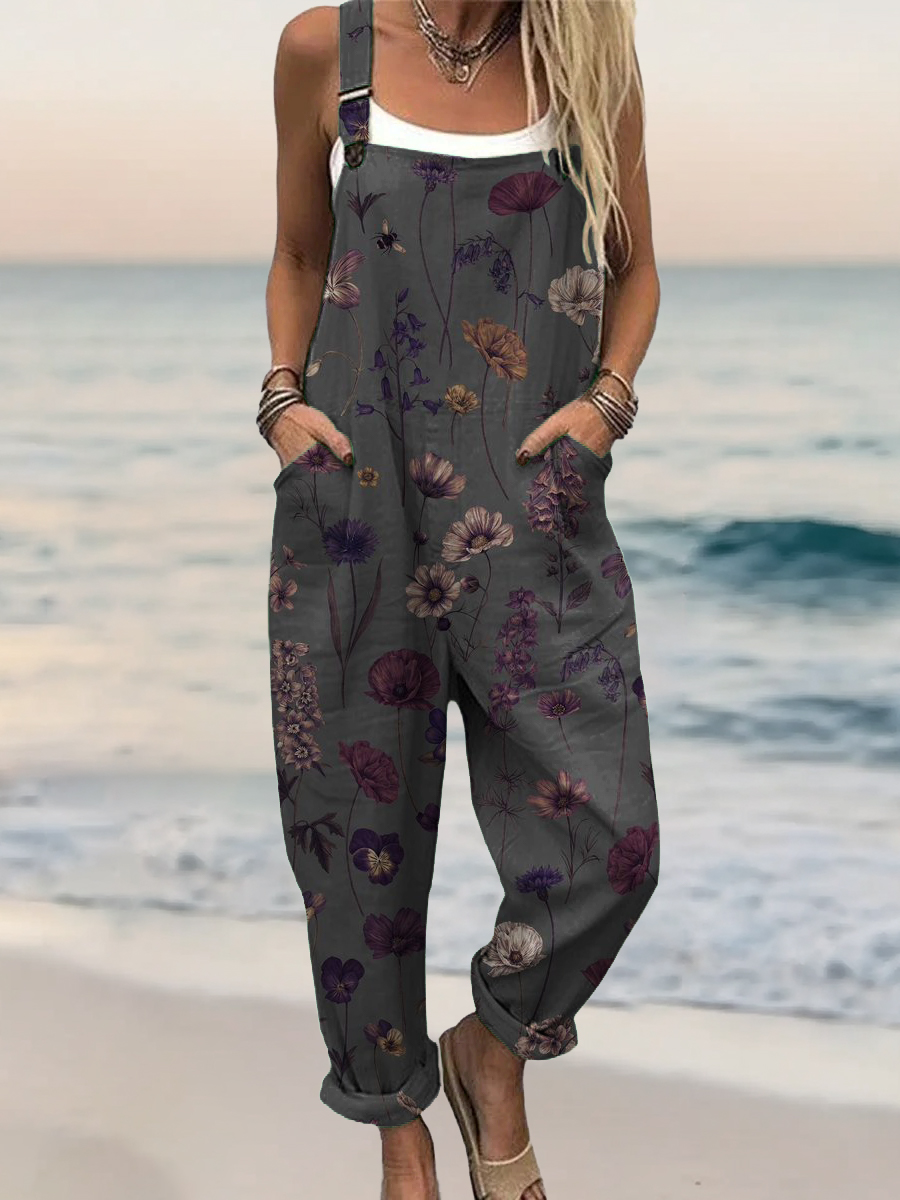 Women's Vintage Floral Art Print Casual 100% Cotton Wide Leg Jumpsuit-S.fashion