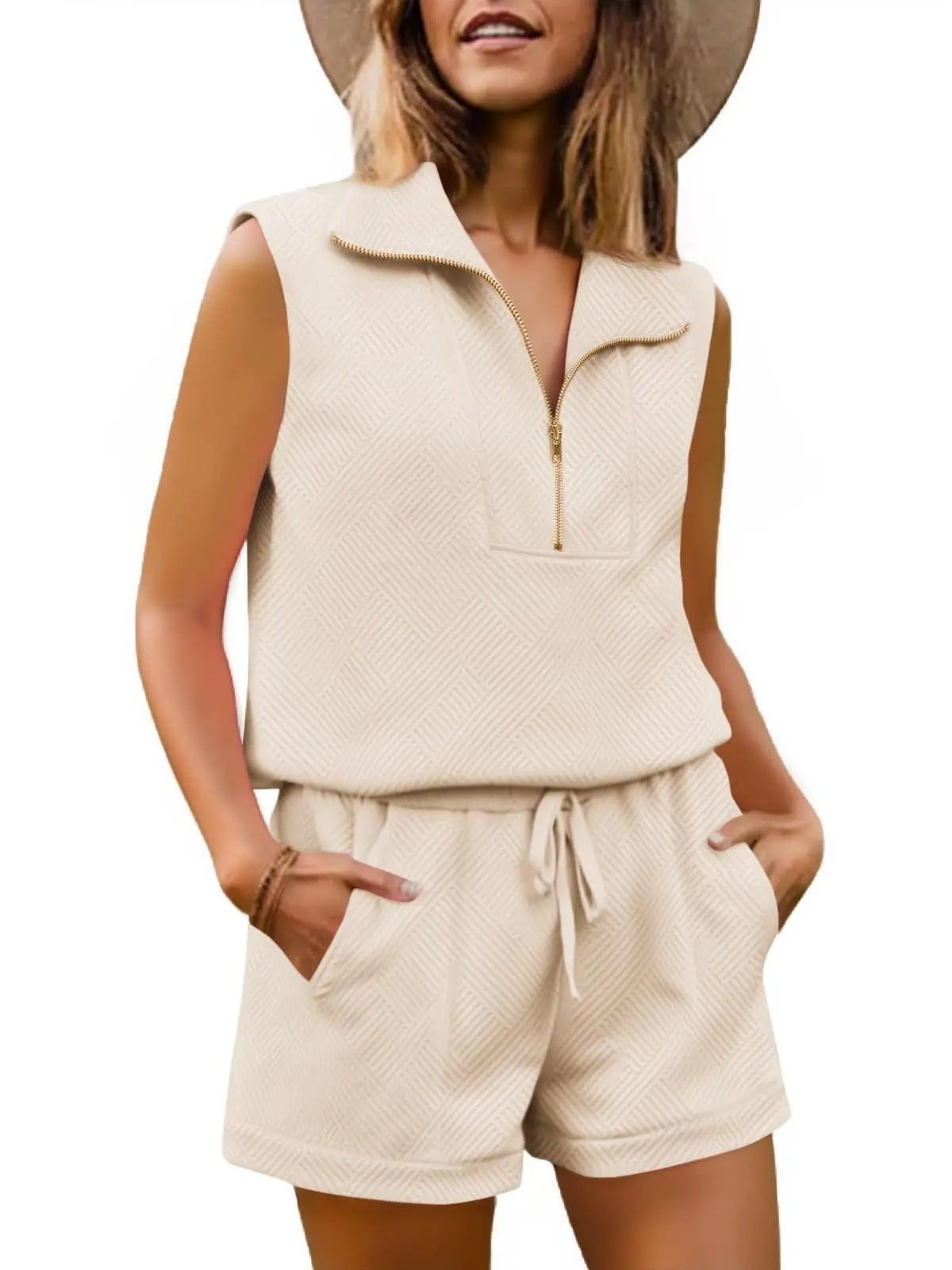 Womens 2 Piece Outfits  extured Quarter-Zip Sleeveless Tops with Shorts-S.fashion