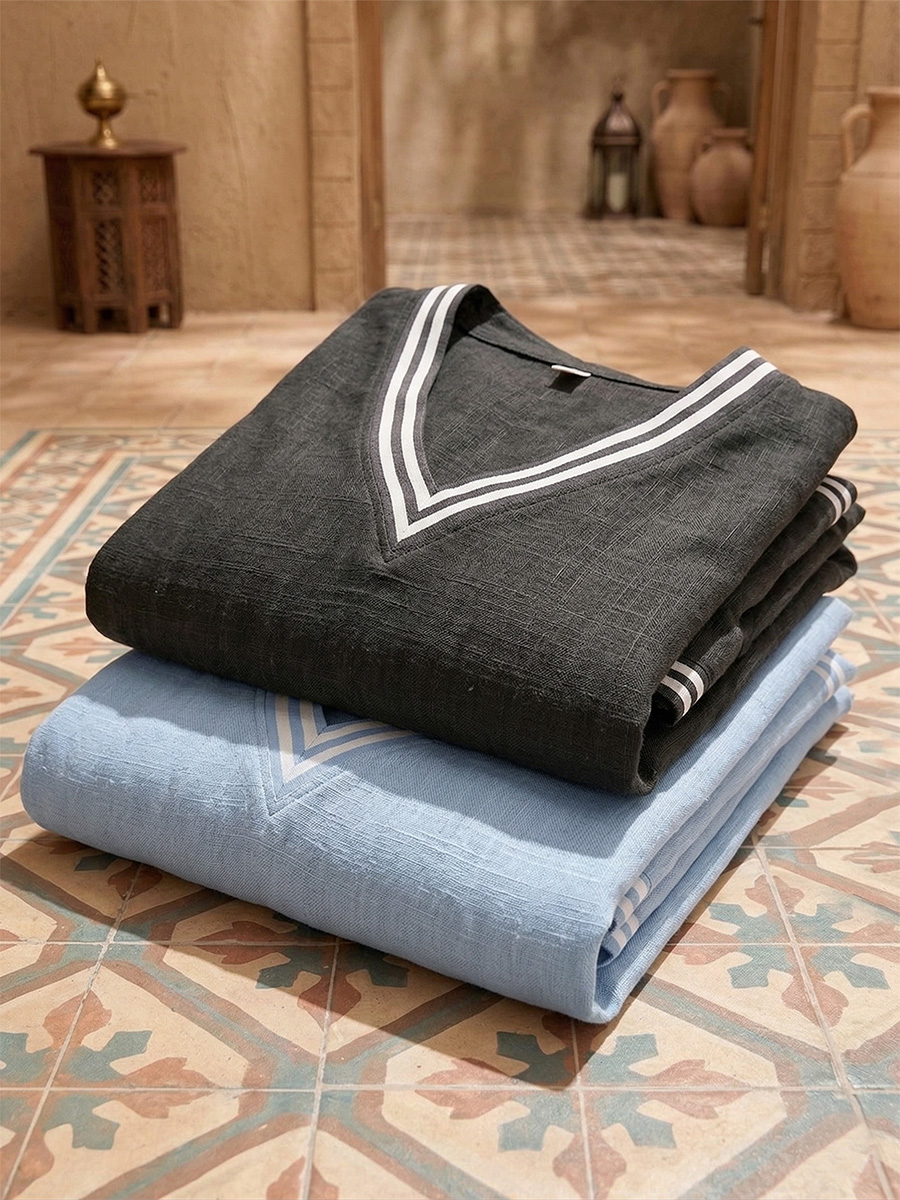 New Arrivals🔥 Women's Vintage Cozy Loose-Fit V-Neck Striped Cotton Linen Dress