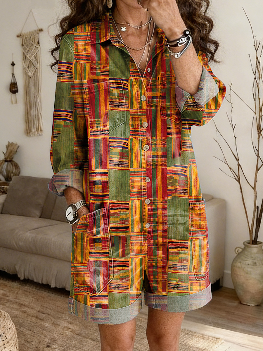 Women's Retro Colorful Ethnic Plaid Art Print Casual Long-sleeved Jumpsuit Shorts-S.fashion