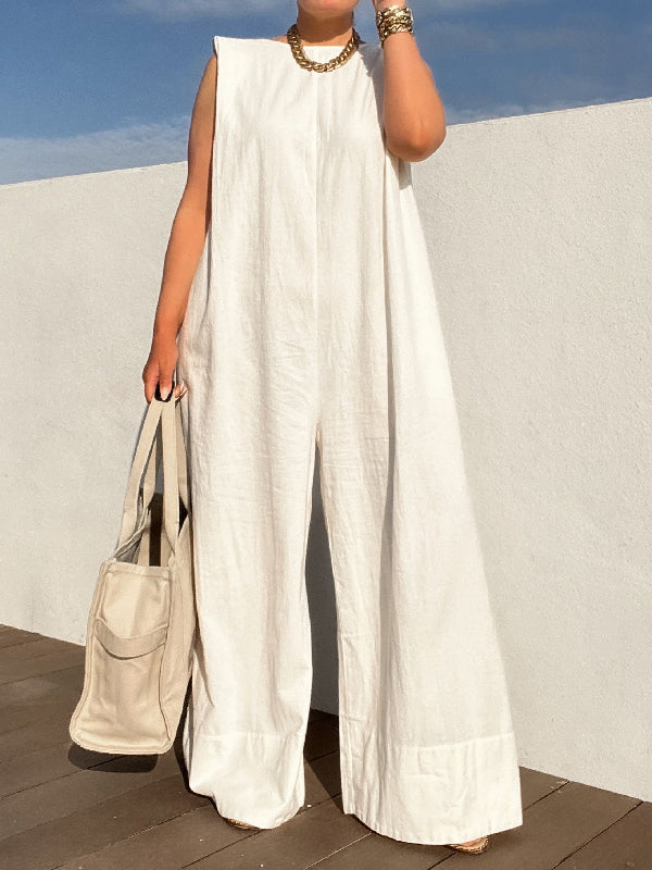 Sleeveless Wide Leg Shoulder Pad Solid Color Jumpsuits-S.fashion
