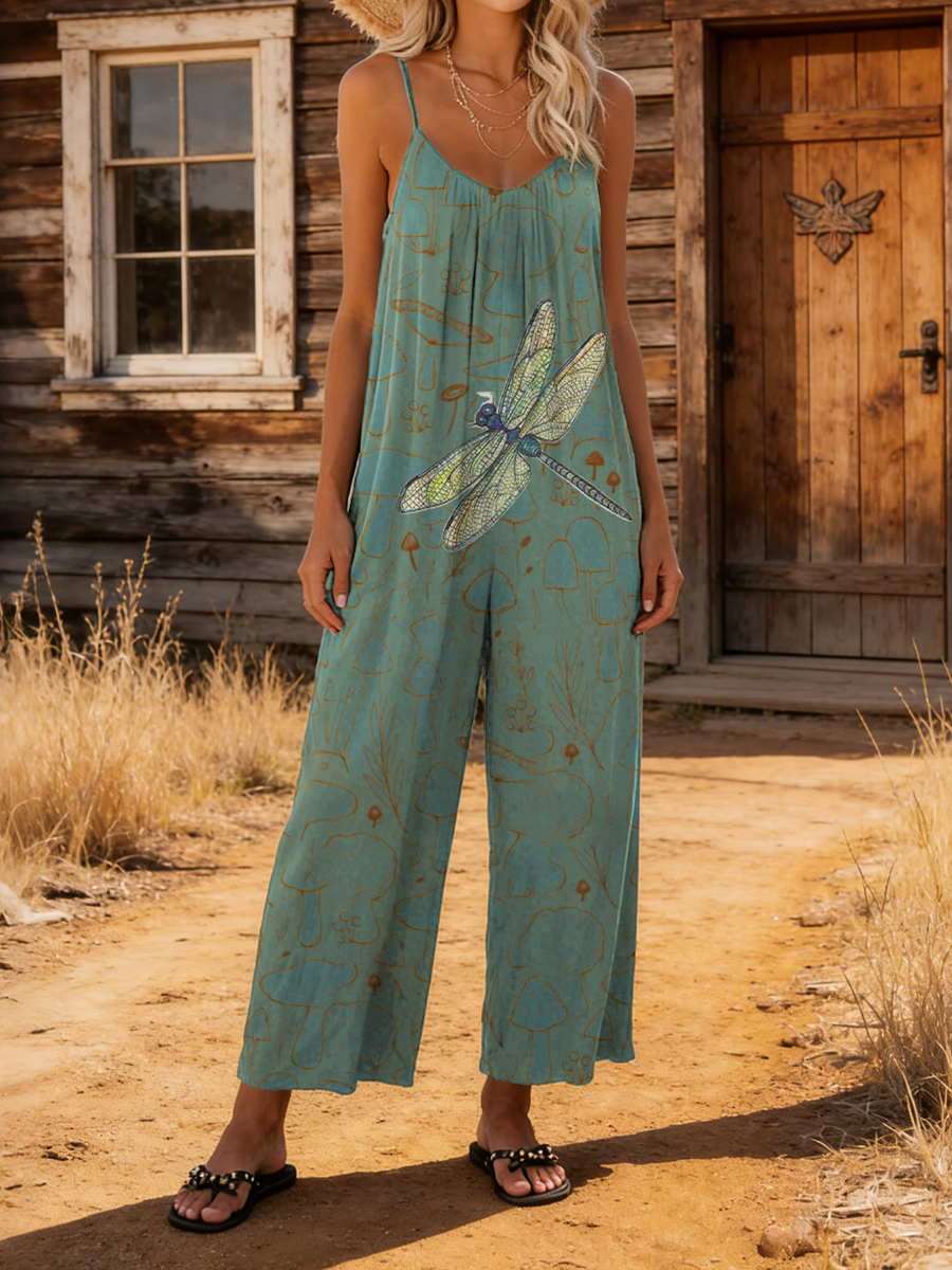 Women's Retro Dragonfly Art Print Casual Suspender Jumpsuit-S.fashion