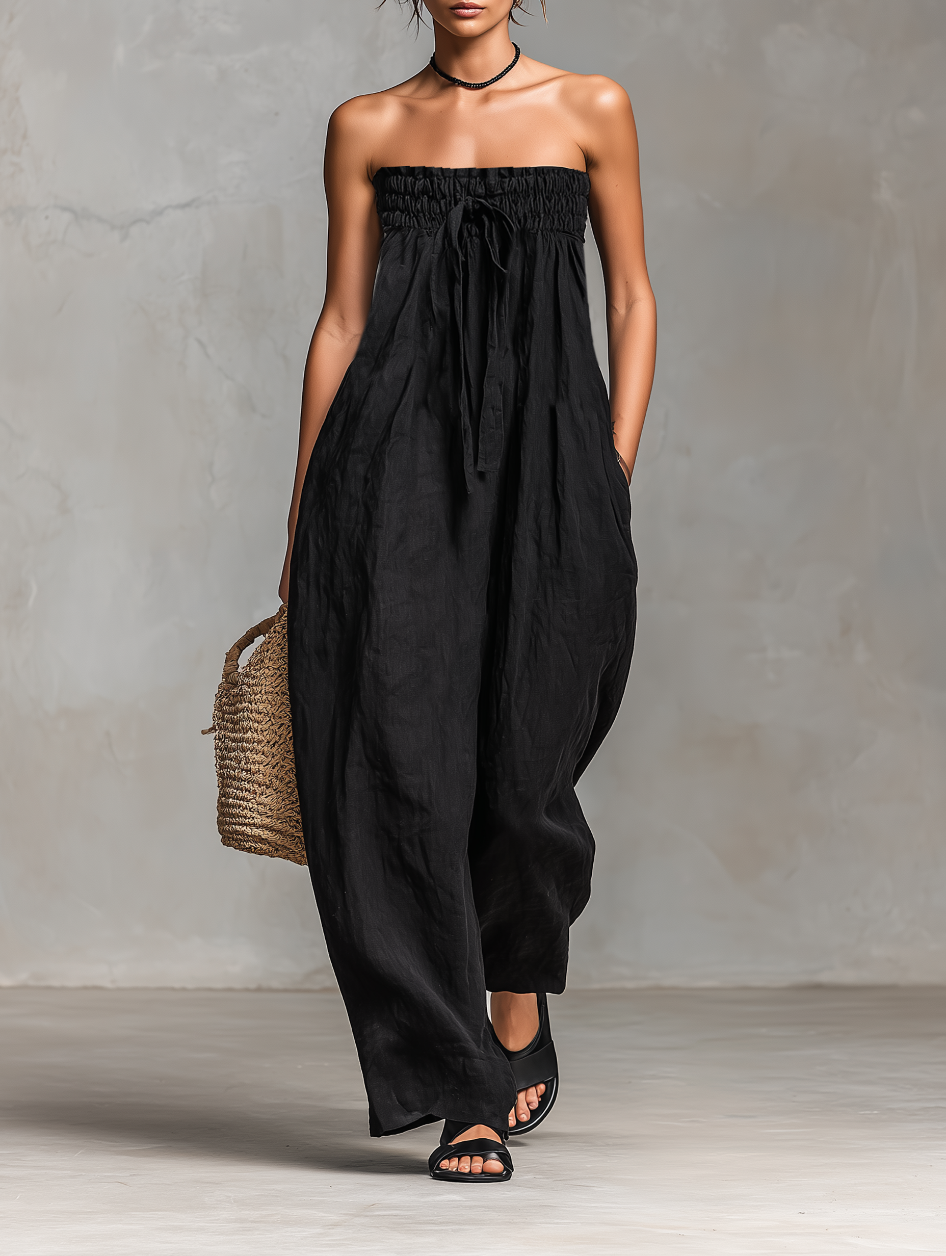 Women's Minimalist Loose-fitting Linen Blend Strapless Jumpsuit With Tie Closure MDZ2024A9Y-S.fashion