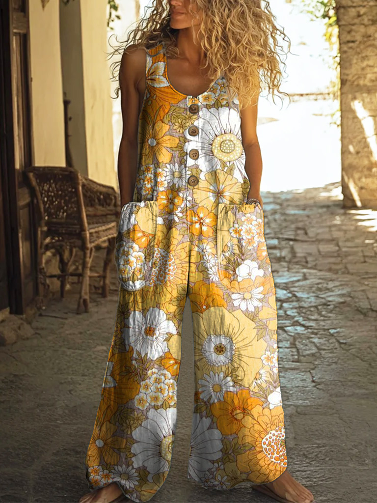 Women's Hippie Art Floral Print Vest Jumpsuit-S.fashion