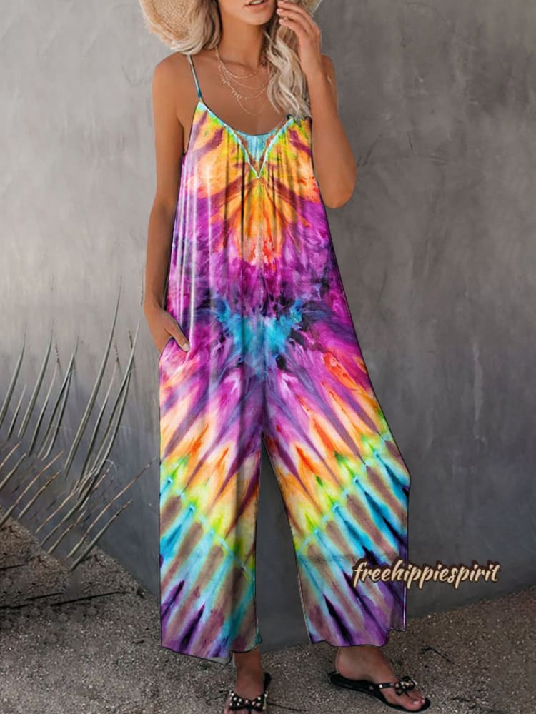 Women's Hippie Print Casual Strap Wide Leg Pants-S.fashion