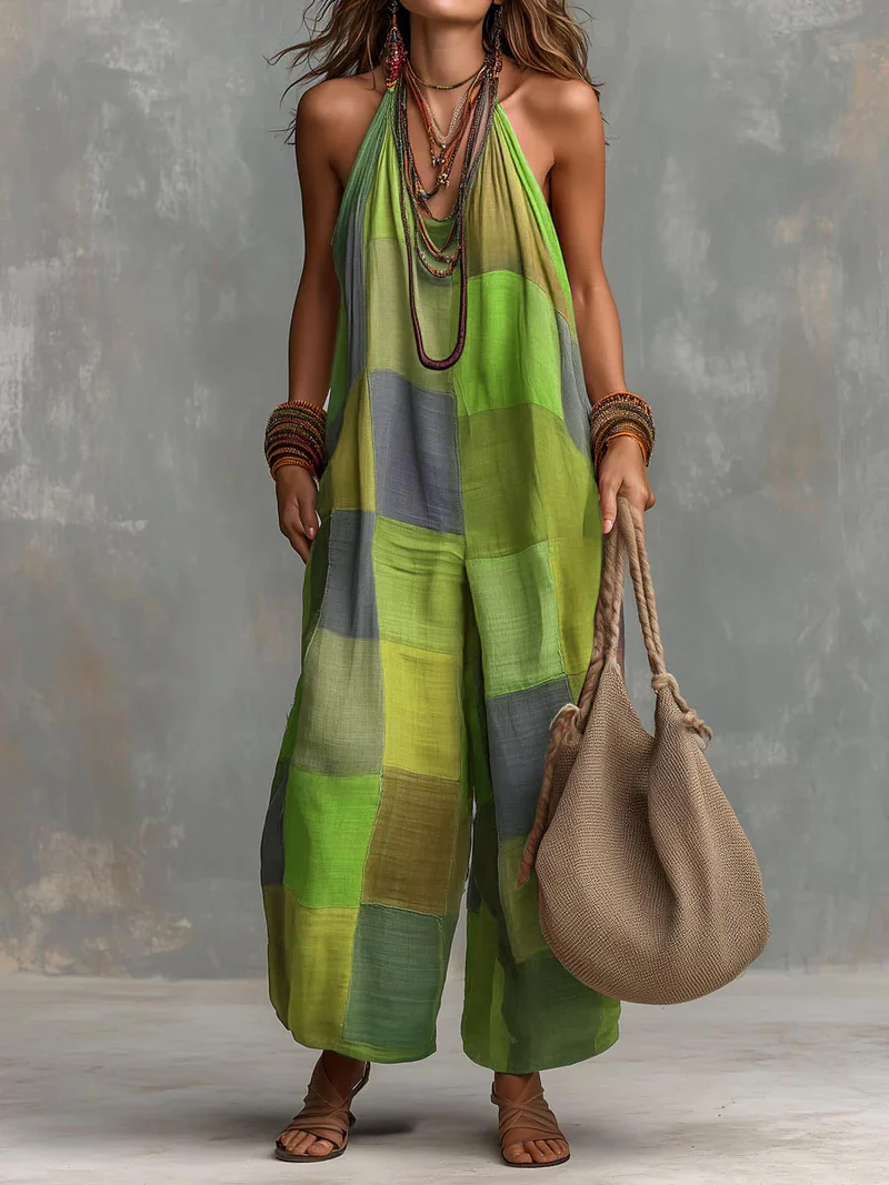 Women's Colorful Patchwork Print Halter Wide Leg Jumpsuit-S.fashion