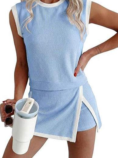 Womens Textured Rib Sleeveless Top and Wrap Skort Outfit Set-S.fashion